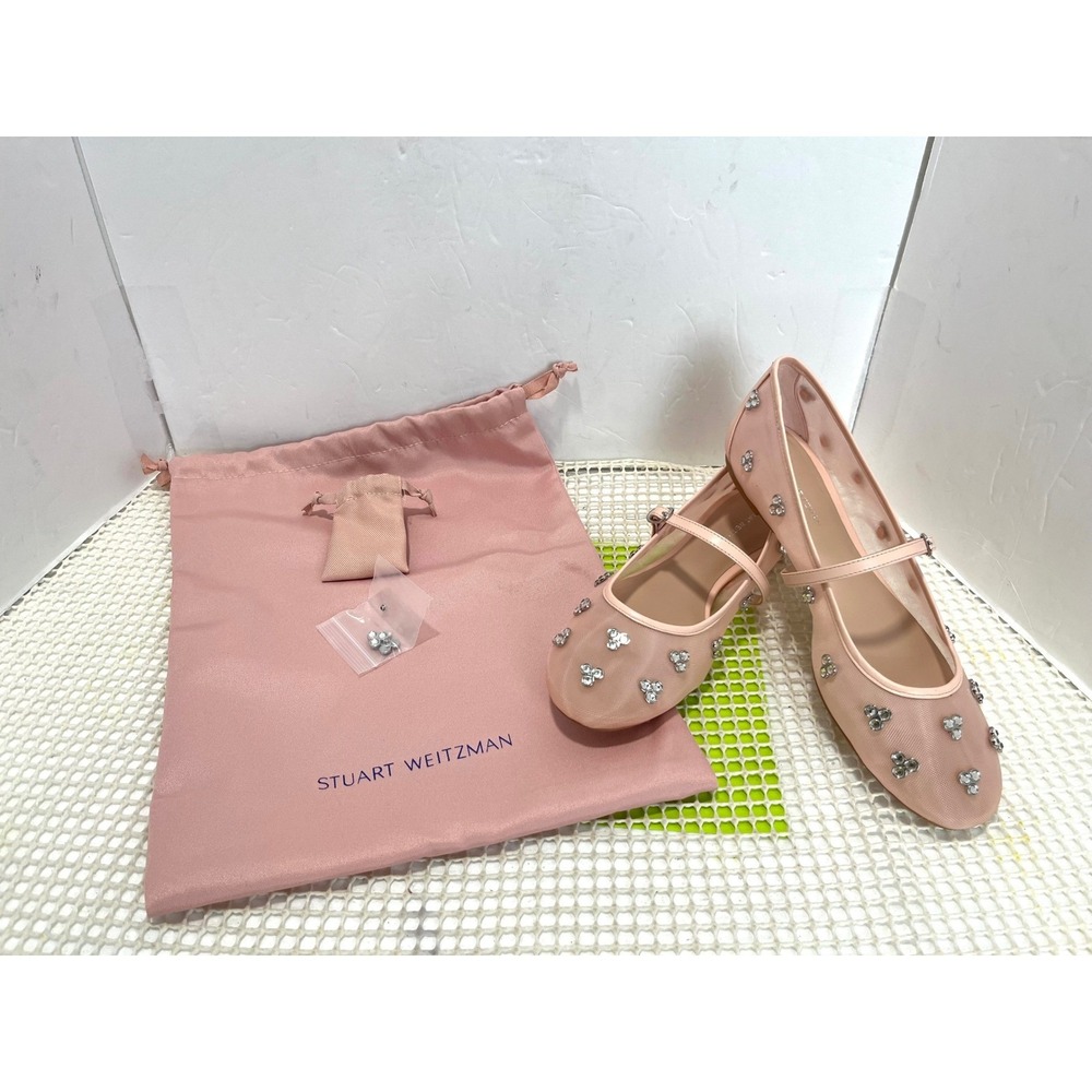 Stuart Weitzman Crystal Embellished Mary Jane Flats Shoes Women's 8.5 Pink EUC